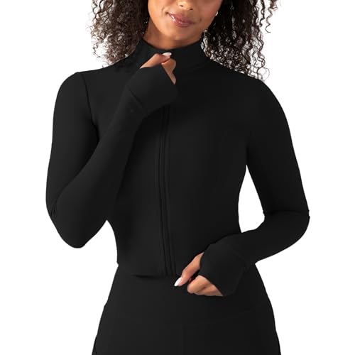 YITTY Active Women's Ultraluxe Cropped Full Zip Jacket, Athleisure, 4-Way-Stretch, Thumbholes, Iconic Black, M